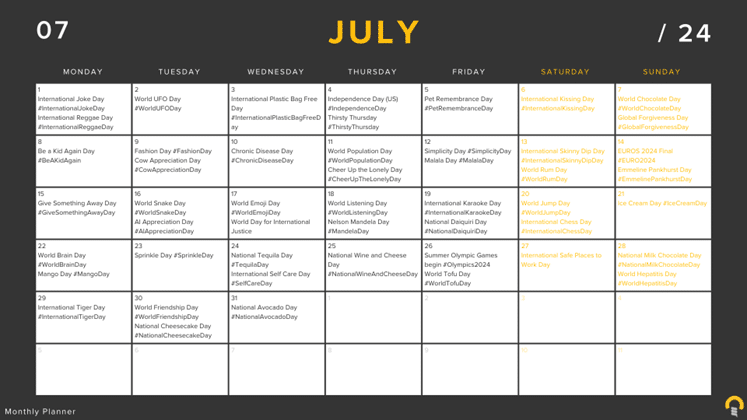 Social Media Calendar 2024: July
